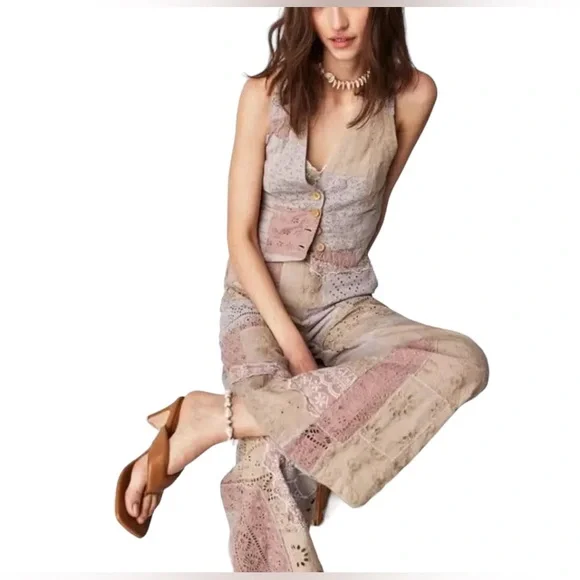 NWT Free People Sweet & Salty vest suit set. Patchwork. Cutwork. Textured Size 8 - Picture 2 of 14